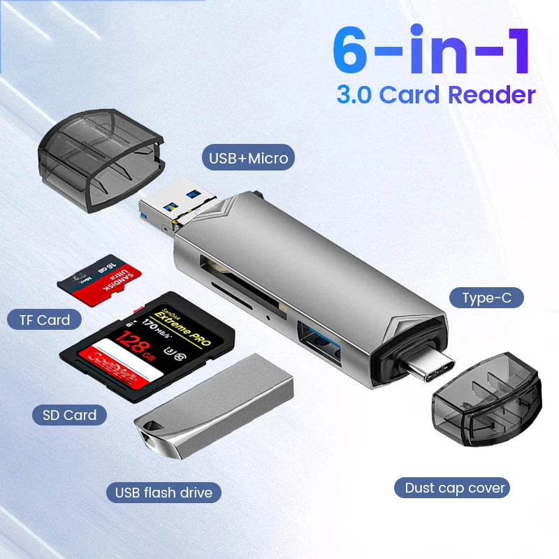Simplrtech  6-in-1 Card Reader — USB 3.0 to Type-C / Micro USB / SD / TF Adapter