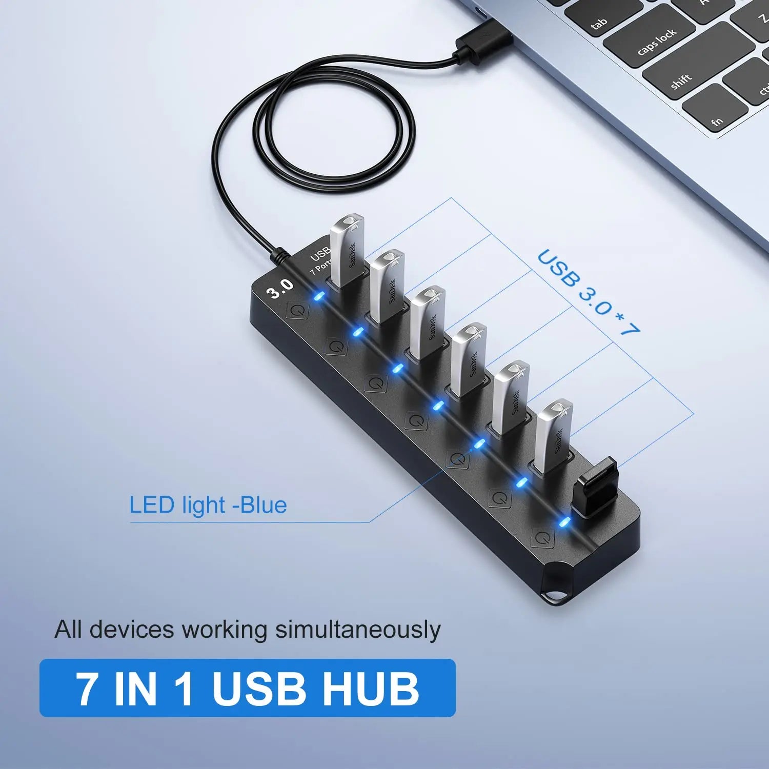 Simplrtech 7-Port USB 3.0 Hub — High-Speed Splitter with Power Switches | 5Gbps Transfer | 120cm Cable