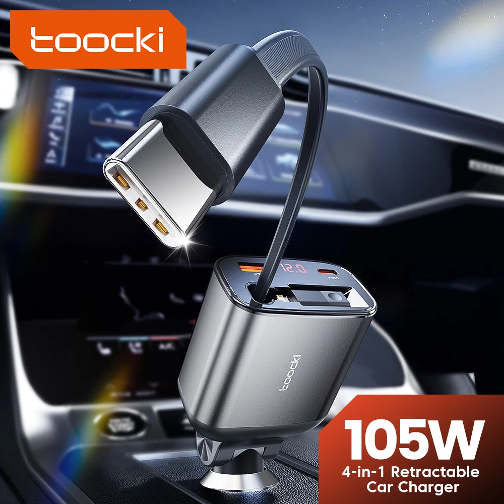 Toocki 105W 4-in-1 Retractable Fast Car Charger